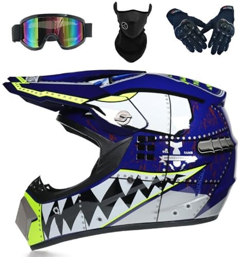 Motocross Motorcycle Cross Helmet with Gloves Mask Goggles, Youth Kids Dirt Bike Helmets, Off Road Crash Helmet Protective Gear(Blue,S(52-53cm))