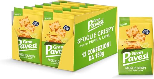 Gran Pavesi Cracker Le Sfoglie Crispy Gusto Lime e Pepe, Cotte al Forno | Snack Salato e Croccante, 12 Confezioni da 150 gr
