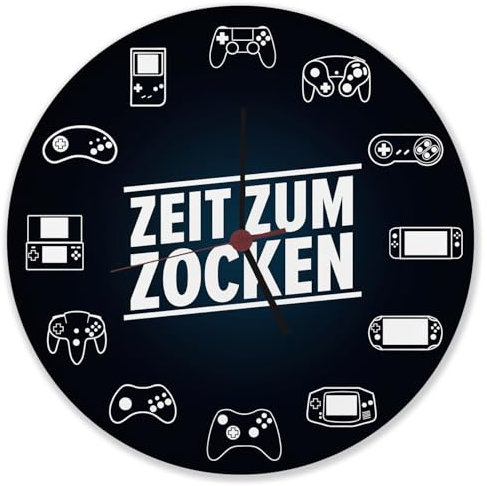 speecheese Zeit zum Zocken Verschiedene Controller Wanduhr aus Alu Uhr für Zocker und Konsolennerds mit diversen Spielekonsolen und Controllern als außergewöhnliche Deko fürs Gamingzimmer
