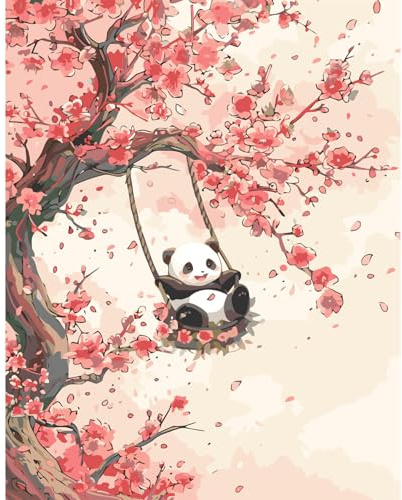UNIQUORS Kit de peinture par numéros pour adultes Panda et fleurs Acrylique 40 x 50 cm Pour adultes et enfants - Enfants de 8 à 12 ans peinture par numéros (Panda sur une balançoire)
