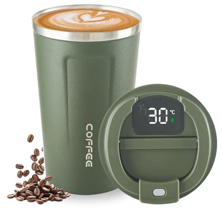 Newvenper Gobelet isotherme sous vide en acier inoxydable - Avec affichage de la température LED - Anti-fuite - Avec couvercle- Convient pour le café, le thé et la bière(Vert)