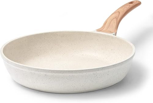 CAROTE Bratpfanne 20 cm Weiß mit Holzgriff, Granit-Antihaftbeschichtung, kleine Pfanne induktionsgeeignet, Omelett-Pfanne PFOA-frei, langlebig, leicht zu reinigen