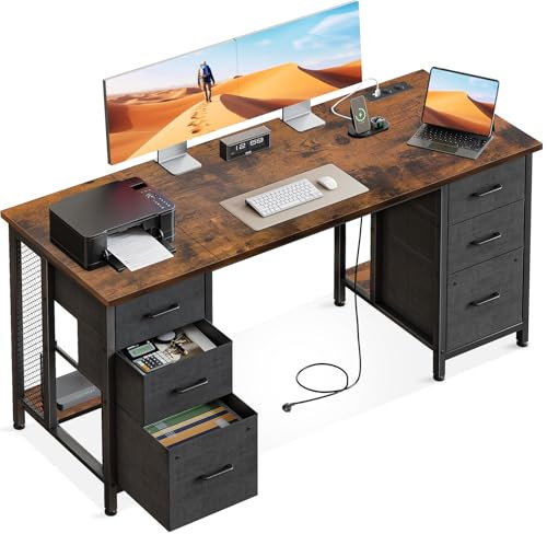 Coleshome Scrivania con 6 Cassetti, 160x52 cm Scrivania Ufficio 2 Prese e 2 Porte di Ricarica USB, Scrivania Computer con Ripiani per l'Ufficio di Casa, Marrone