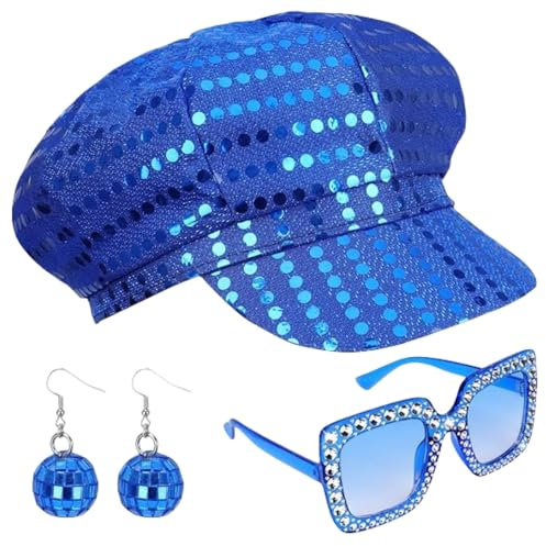 SDXCJY 3Stück Set 70er Jahre-Sequins-Hut, silberner Disco-Hut für Erwachsene. Mit sequiniertem Schmuckkette, quadratischen Glitzer-Sonnenbrillen. Disco-Kostüm-Set für Frauen (Blau)