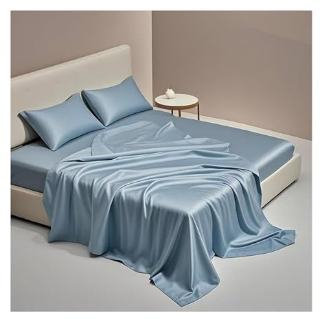 Satin Bettlaken ohne Gummizug Hotel Luxus Tencel Betttuch Haustuch Extra Weiche Kühlende Seiden Laken für Bett 90 bis 200 cm(Blue,250x270cm+48x74cm x2)