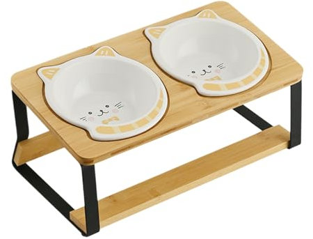 BnyHjir Cuenco elevado para gatos, plato elevado para gatos, plato doble alto con base de madera antideslizante, inclinado a prueba de derrames, inclinado para apartamento, mascota, gatito, comer