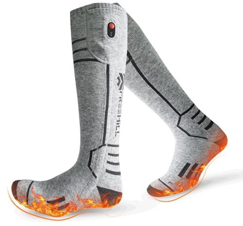 FREEHILL Merino Wool Heated Socks for Men Women, 5000mAh One-Click Control Rechargeable Cold Weather Knee-high Heated Ski Sock (Gray, XL)