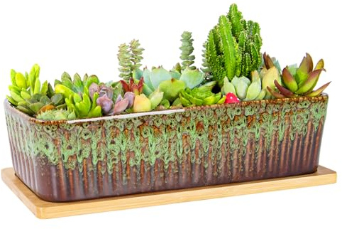 ARTKETTY Succulent Plant Pot - 30.5 CM Large Window Sill Planter with Drainage Tray, Long Rectangle Ceramic Pots for Indoor Cactus Plants Shallow Bonsai Window Box for Home