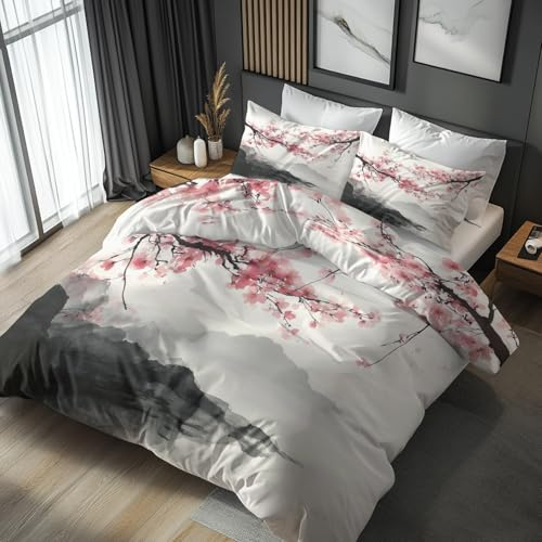 Generisch Bettwäsche 140x200 Japanische Kirschblüten Design, 2teilig - Chinesisch Asiatisch Bettbezug und 1 Kissenbezug 70x90, Wendebettwäsche, Schlafzimmer Deko, Mikrofaser, mit Reißverschluss 8l5-7