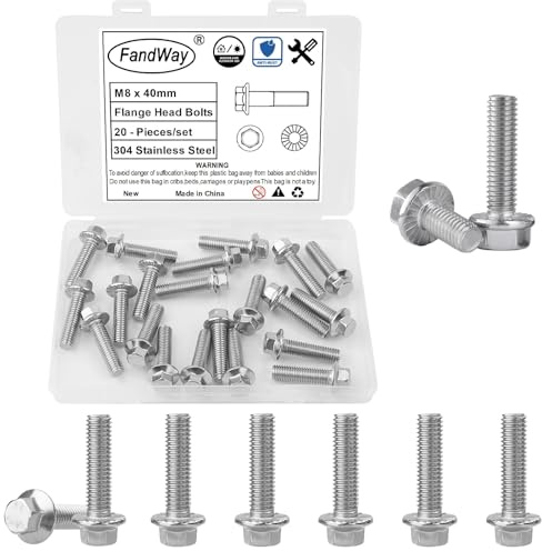 FandWay 20 Stück M8x40mm Sechskantschrauben,Flanschschrauben Edelstahl A2 V2A,Strukturschrauben, Außensechskan,Vollgewinde, Gewindesteigung 1,25 mm, für Auto und Motorradreparatur.