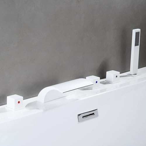 XJTNLB 5 Loch Badewannenarmatur Wasserfall Weiß Mischbatterie Dusche mit Herausziehbarem Handbrause Zweigriff Wannenrandarmatur