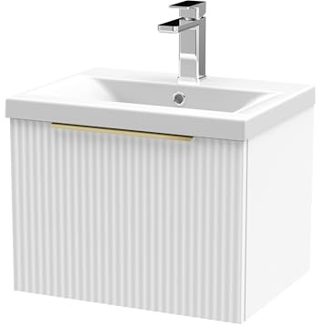 Balterley Vanity Unit with Basin Wall Hung, Single Drawer Soft Close with Mid Edge Sink and Handle, Bathroom Vanity Units with Basin, Fluted Front Sink Cabinet - 510 x 390 x 399mm (White)