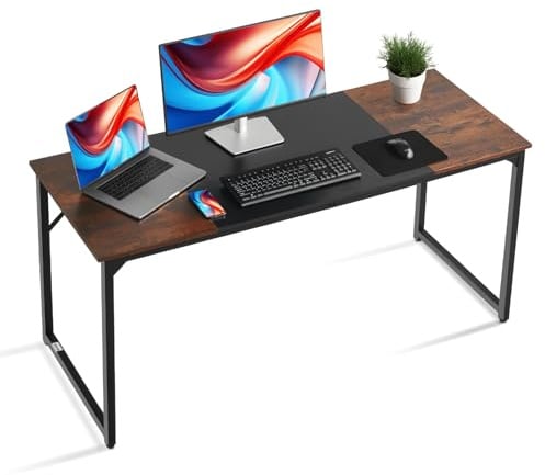 VEVOR Computer Desk, 160 cm Office Gaming Desk for Home Office, Writing Study Work Modern Simple Table with Metal Frame for Large Legroom, Rustic Brown and Black