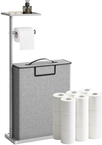 SOLEDI Toilettenpapierhalter Stehend mit Toilettenpapier Aufbewahrung Korb für 12 Rollen, Freistehender Toilettenpapierhalter mit Ablage Oben, Klopapierhalter aus Rostbeständigem Metall, Grau