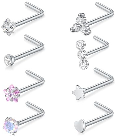 MODRSA Nasenstecker Nasen-Piercing- Stecker Piercing Nase: 20g(0.8mm) Silber Nasenpiercing Steck Nostril Piercing 316L Edelstahl 7mm with Zircon