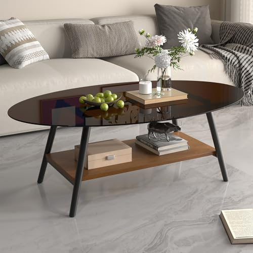 Hawthyhome Runde Beistelltisch 2-Tier Couchtisch Tisch mit Stauraum Moderner Massivholztisch Metallrahmen für Wohnzimmer Schlafzimmer Vintage Braun Glas