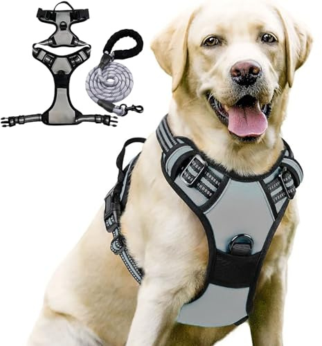 Anti Zieh Geschirr, Hundegeschirr Mittelgroße Hunde, Anti Zug Geschirr Mit Kontrolle, Atmungsaktiv Reflexstreifen Brustgeschirr Sichere Führung Für Kleine Mittlere Grosse Dog Harness (Grau, XL)