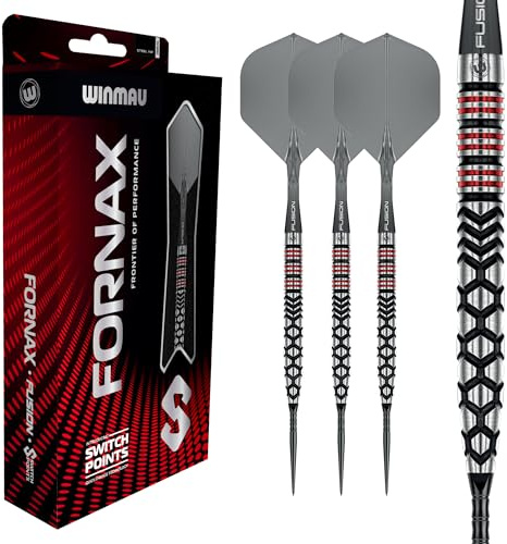 WINMAU FORNAX Darts – Professionelle Darts 90% Wolfram, Schwarze/rote parallele & konische Barrels, Switch Point, 2 Spitzen, Kurze Schäfte & Flights, 21/22/23/24 g Darts