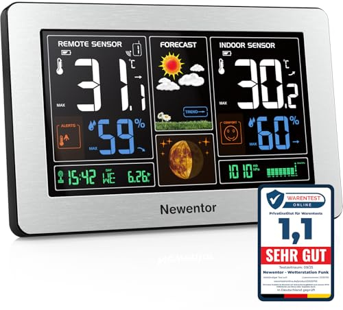 Newentor Wetterstation Funk mit Außensensor | Einfach einzurichten,Thermometer und Hygrometer, Wettervorhersage, Temperaturwarnung, Silber, 1 Außensensor.