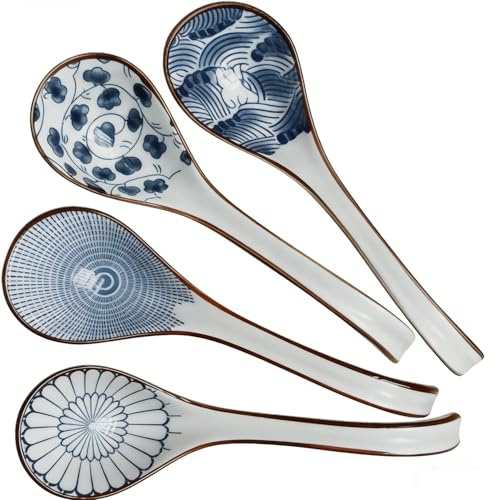 4 PCS Soup Spoons, Ceramic Spoons Japanese Spoon, Asian Soup Spoon,Ramen Spoons Porcelain Chinese Soup Spoons for Ramen Pho Cereal Wonton Dumpling Miso-Set of 4