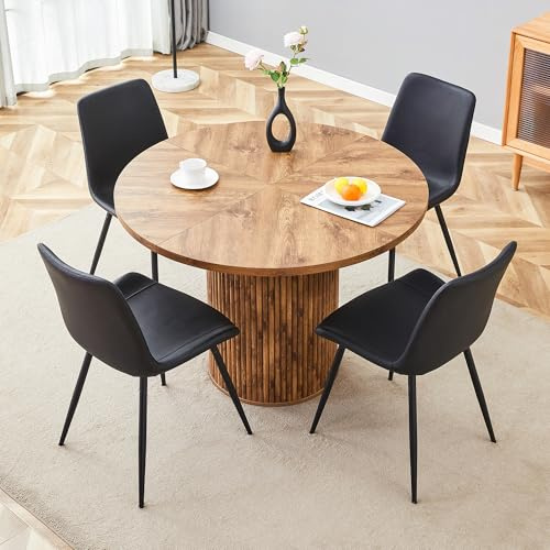 Bladez Juego de comedor de 5 piezas, mesa de comedor redonda de 100 cm, aspecto de madera natural con cristal y 4 sillas de comedor de tela técnica, mesa de cocina con sillas, juego de mesa de comedor