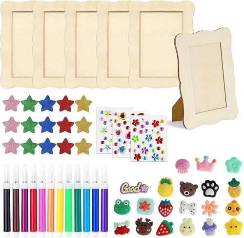 Foonary 6 Stück Bilderrahmen Holzbilderrahmen zum Bemalen, Bilderrahmen DIY Holz Set, Bastelset mit 12 Wasserfarben Stiften, Glitzersteine, Aufklebern, Sternen, 3D Aufkleber zum Gestalten（14×20cm）