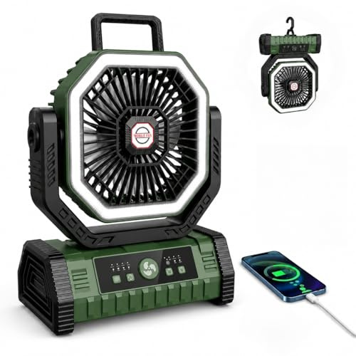 Vxoyo Portable Camping Fan 20000mAh With Light, 4 Speeds Tent fan with Remote & Hook, 8H Timer, Auto Oscillation Mode, Rechargeable Desk Fan with Led Light For Outdoor, Tent, Fishing, Office