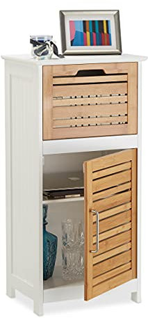 Relaxdays Beistellschrank aus Bambus, halbhoher Badschrank m. Schublade, HBT: 83 x 40 x 30 cm, Flur u. Wohnzimmer, weiß
