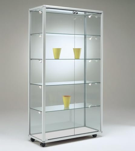 MHN Glasvitrine mit Rollen T 52,5 x B 99 x H 184,5 cm - große Glas Standvitrine abschließbar - breite Ausstellungs-Vitrine ohne Beleuchtung - mit Spiegel-Rückwand