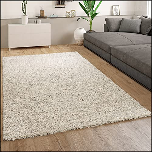Paco Home Teppich Wohnzimmer, Schlafzimmer/Hochflor Shaggy in versch. Designs Farben und Größen, Grösse:70x140 cm, Farbe:Creme 14