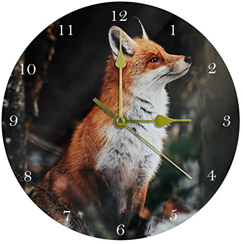 EZIOLY Schöne rote Fuchs-Wanduhr, 25,4 cm, leise, nicht tickende Quarz-Wanduhr, batteriebetrieben, runde Wanduhren für Zuhause/Büro/Schule, Uhr, acryl, Multi-1, 25x25cm/9.85x9.85in