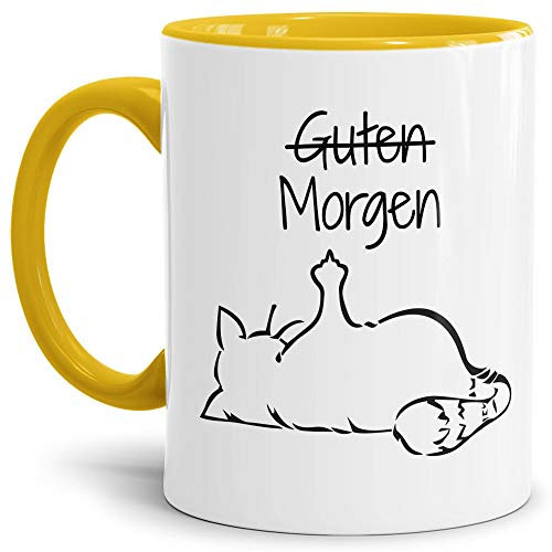 Tasse mit Spruch - Nö-Katze Guten Morgen - lustige Tasse für die Arbeit/Bürotasse/freche Tasse mit Katze/Geschenkidee lustig - Innen & Henkel Gelb