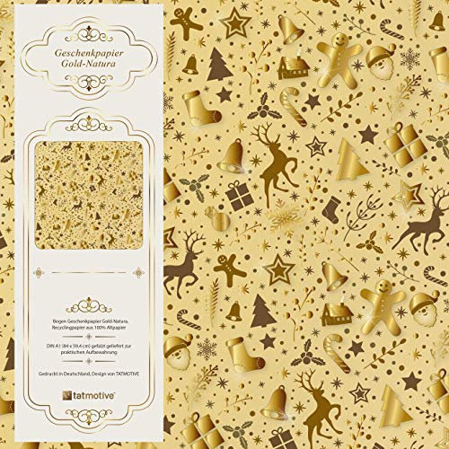 Geschenkpapier Weihnachten Gold Natura 5 Bogen 84 x 59 cm, Öko Recycling-Papier nachhaltig gedruckt, Weihnachtsgeschenkpapier Weihnachtspapier