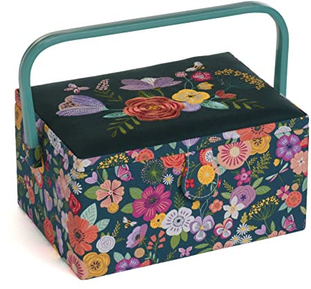 Hobby Gift Esclusiva scatola da cucito media, scatola portaoggetti artigianale, vassoio per accessori, puntaspilli, manico in PVC, 18,5 x 25,5 x 14,5 cm, fiori ricamati