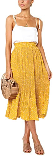 Hoerev Frauen Print Punkt mit Taschen Falten Langer Rock Beach Party Maxi Rock,Gelb Punkt,S
