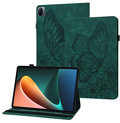 Rostsant Funda Xiaomi Mi Pad 5 Pro/Mi Pad 5 Carcasa de Cuero PU Relieve de Mariposa con Soporte para Bolígrafo Funda Tableta para Xiaomi Mi Pad 5 Pro/Mi Pad 5 11 Pulgada 2021 - Verde Oscuro
