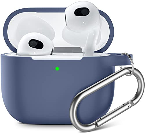 Upeak Compatible with AirPods 3rd Generation Case 2021, Fully Wrapped Silicone Protective Case Cover Shock Absorption for Apple AirPods 3 Case, With Keychain, Blue Grey