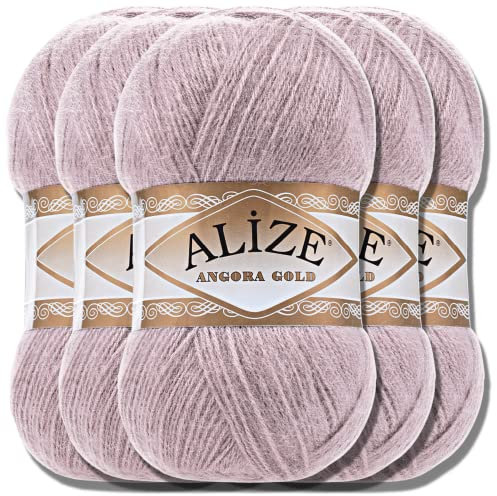 Hobby YARN Alize 5x 100g Angora Gold Türkische Premium Wolle Dünne Mohair aus Schurwolle Babywolle als Strickgarn Handstrickgarn Einfarbig Uni Yarn (Rose Grey | 163)