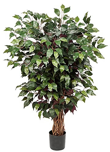 Künstliche Pflanzen Groß Kunstpflanze Benjamini Ficus künstlich Kunstbaum Zimmerpflanze Deko mit Echtholzstamm für Büro Deco Schlafzimmer Esszimmer drinnen Deko draußen Grün Rot 91 cm