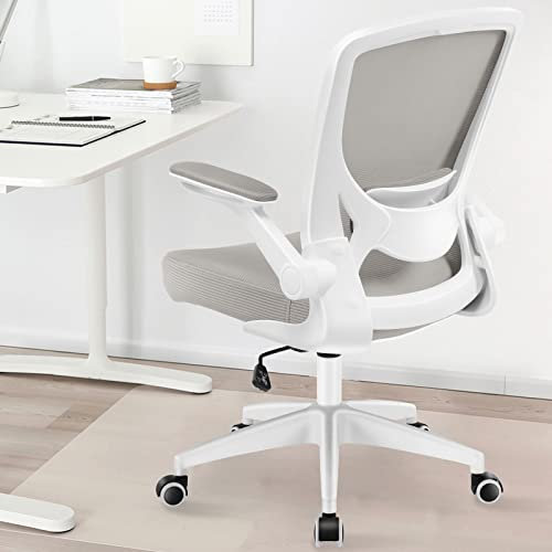 KERDOM 9060 Silla de oficina ergonómica con reposabrazos plegables, silla de ordenador giratoria de tejido de malla de 360°, gris claro