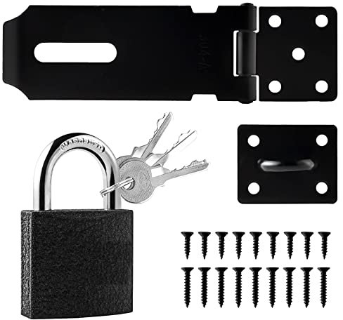 3inch Shed Lock 90°Gate Lock 180°Door Latch Hasp Shed Door Latch Hasp and Staple with Padlock Door Hasp Lock for Garden Sheds Underground Garages Bedrooms Cabinets(Black 3inch