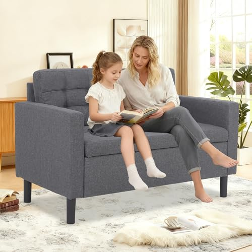 Mingou 2-3 Sitzer Sofa mit Stauraum, Skandinavisches Sofa aus Leinenstoff für Wohnzimmer, Schlafzimmer, Büro, Sitzbank Couch 118x63x76 cm Dunkelgrau