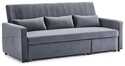 Home Detail 3 Seater Sofa Bed Pull-Out Grey Blue Velvet Grey Linen Storage Chaise (Grey Velvet)
