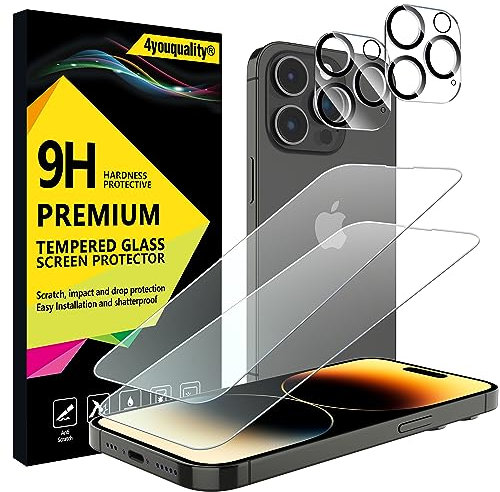 4youquality [4-in-1 Screen Protector for iPhone 14 Pro with Camera Lens Protector, Tempered Glass Film, 2-Pack Each, [LifetimeSupport][Impact-Resistant][Anti-Scratch][Ultra-Transparent]