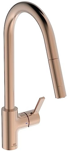 Ideal Standard - Gusto, Miscelatore monocomando per lavello da cucina, Bocca alta tubolare con doccetta orientabile ed estraibile a due funzioni, Sunset Rose