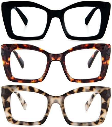 REAVEE 3 Pack Oversized Square Reading Glasses for Women, Blue Light Blocking Large Frame Computer Designer Fashion Readers with Spring Hinge (Black/Tortoise/Grey Tortoise,1.5)