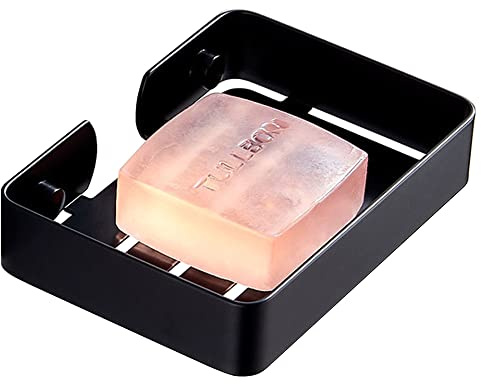Biutimarden Porte-savon carré en acier inoxydable sans perçage avec égouttoir pour salle de bain ou cuisine (noir)