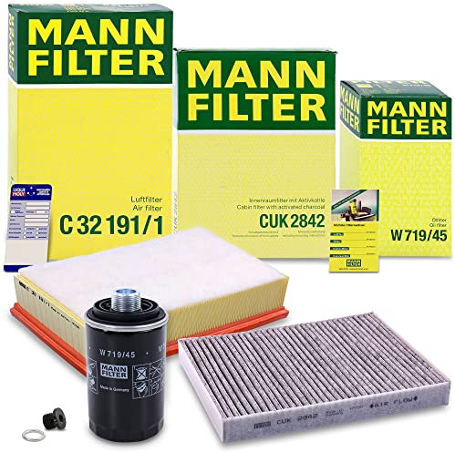MANN-FILTER Inspektionspaket Filterset 1x Ölfilter, 1x Luftfilter, 1x Innenraumfilter (Aktivkohlefilter), 1x Ölablassschraube, 1x Ölwechselanhänger Kompatibel mit VW MULTIVAN T5, TRANSPORTER T5
