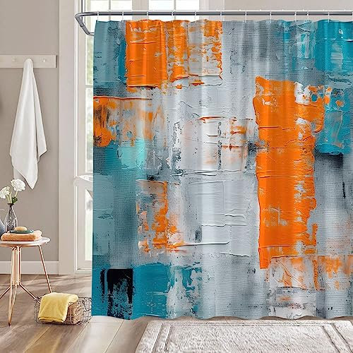 ZNLSU Turquoise Gray Orange Shower Curtain Burnt Blue Teal Orange and Gray Abstract Painting Modern Art Fabric Bathroom Curtain Sets with Hooks