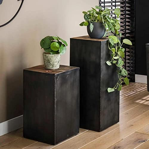RINGO-Living Massivholz & Metall Pflanzen Tisch, Industrial Pflanzen Hocker, Blumentopf Ständer für Ihr Wohnzimmer, Pflanztisch Metall& Holz, eckige Pflanzenständer Säule, Blumenständer Vintage